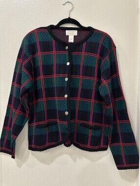 Vintage Crystal Kobe Plaid Button Front Cardigan XL Grannycore Cottagecore
